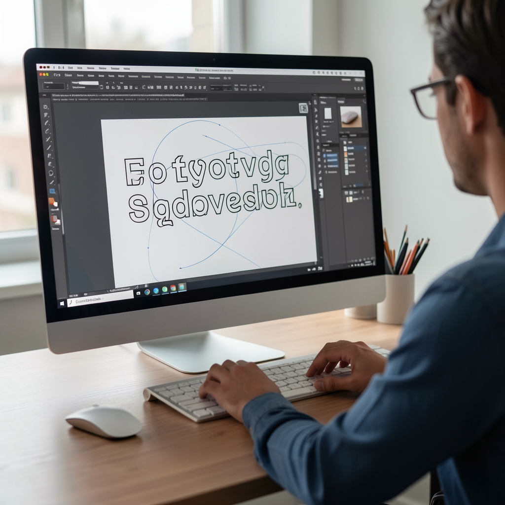 Современный дизайнер шрифтов работает на компьютере с программой FontLab, на экране видны контуры букв и кривые Безье