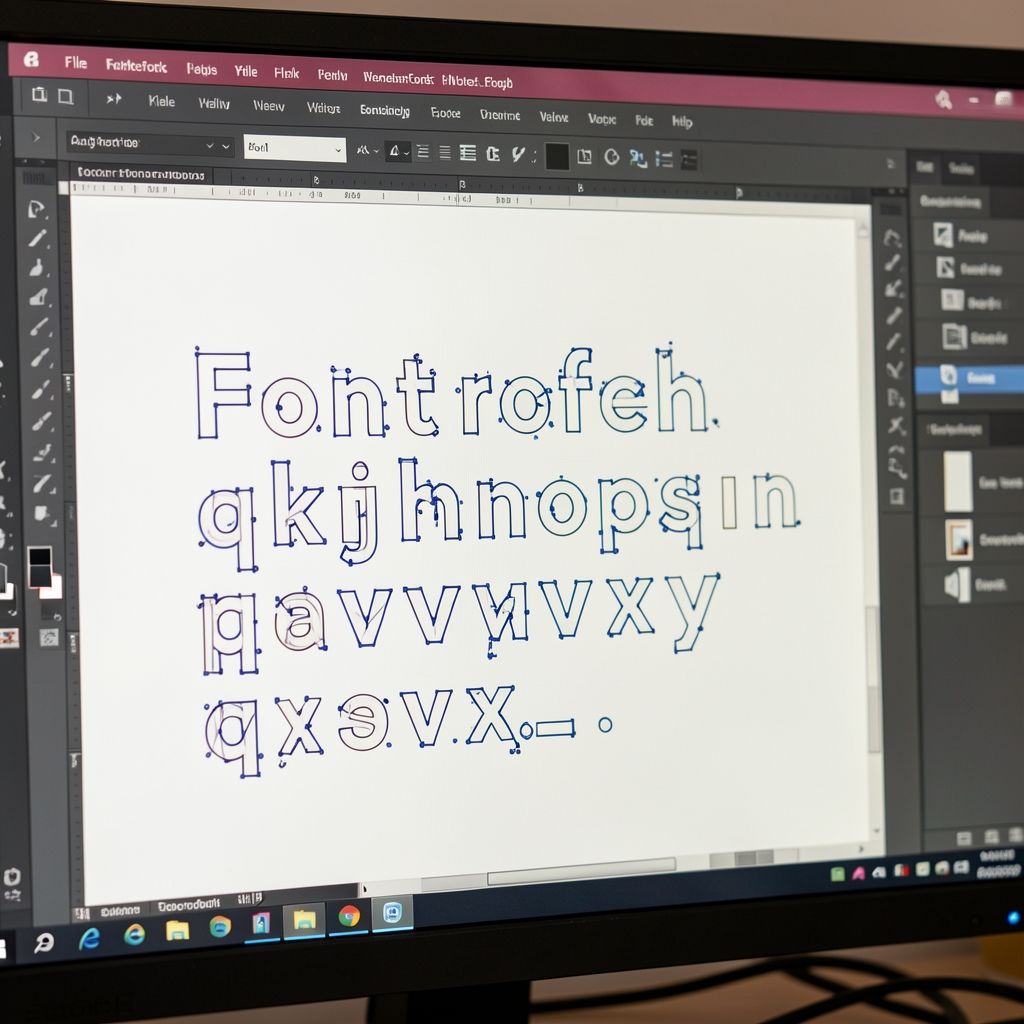 Крупный план экрана компьютера с программой FontForge, показывающей контуры букв sans-serif шрифта с точками опорных узлов кривых Безье